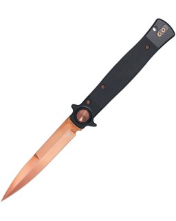 Cobratec Knives Stiletto VG-10 steel rose TiNi finish Button Lock Black G10 handle Switzerland Legal