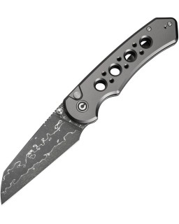 Pragma Prime folding knife Damascus blade Button Lock Gray Aluminium Handle Flipper