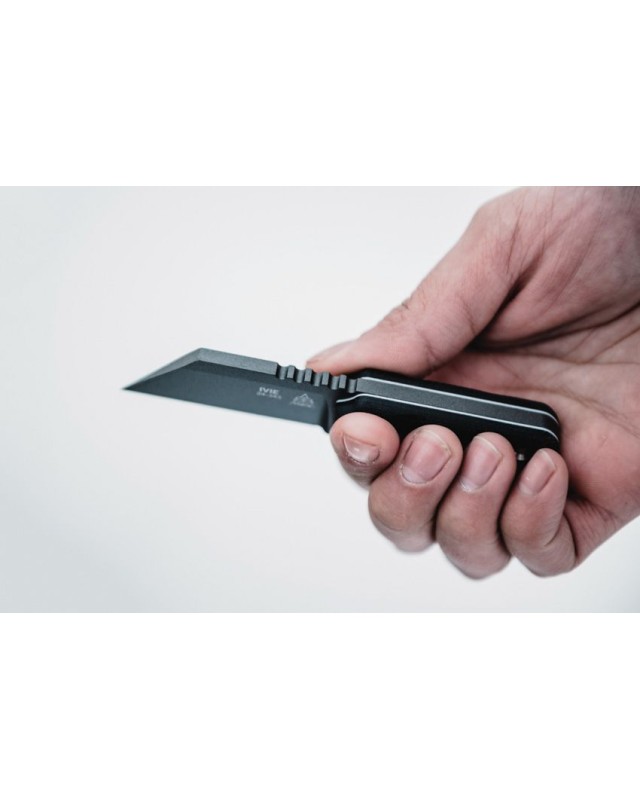 TOPS Knives Ivie Neck Knife Fixed Blade 1095HC steel gray Tungsten Cerakote blade black canva micarta kydex sheath
