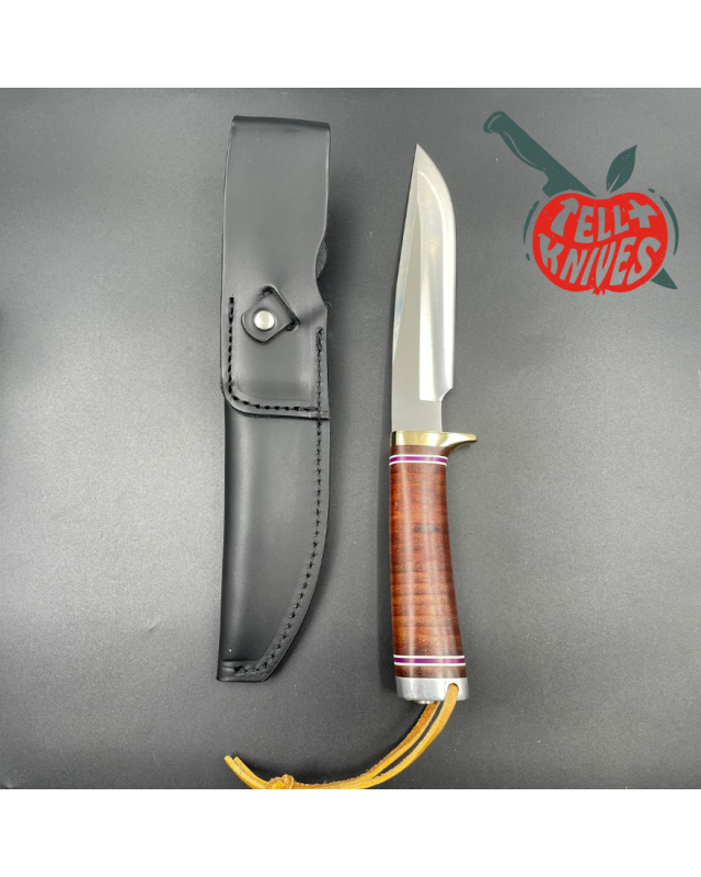 Hattori fixed blade HA6 All Purpose Hunter AUS-6 stainless steel brass guard stacked leather handle black leather sheath