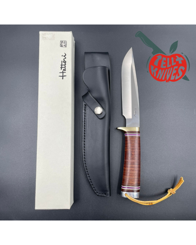 Hattori fixed blade HA6 All Purpose Hunter AUS-6 stainless steel brass guard stacked leather handle black leather sheath