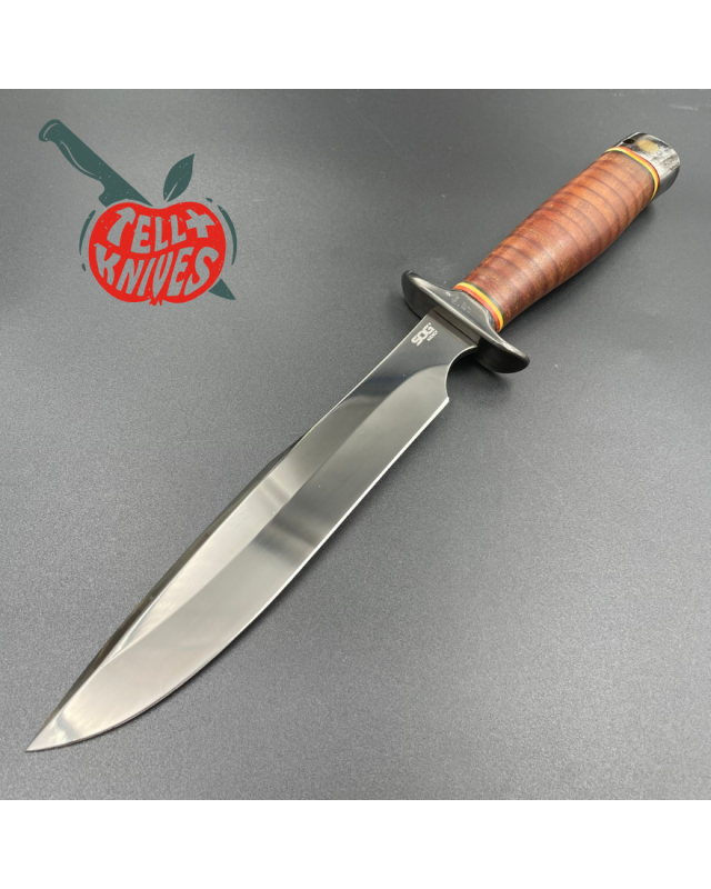 SOG Agency AUS-8 steel TiNi finish blade stacked leather handle black leather sheath