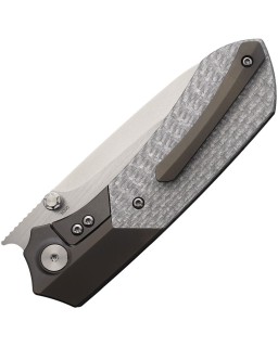 Remette RTPT M390 premium steel Stonewash finish Black Titanium bolsters and silver Carbon Fiber Handle Button Lock