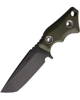 1881 Knife Works Micro Tanto Fixed Blade Full Tang black coated 1095HC carbon steel OD Green G10 handle Brown leather sh