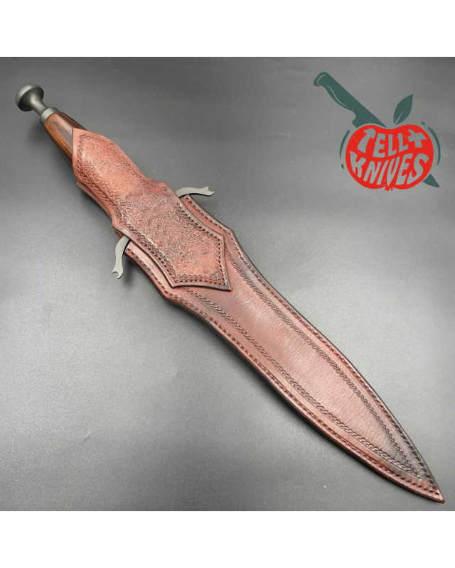 Michal Komorovsky Hunting Dagger Sleipner steel black DLC coating Arizona Ironwood handle brown leather sheath