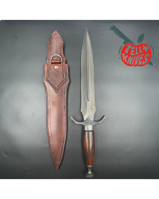 Michal Komorovsky Hunting Dagger Sleipner steel black DLC coating Arizona Ironwood handle brown leather sheath