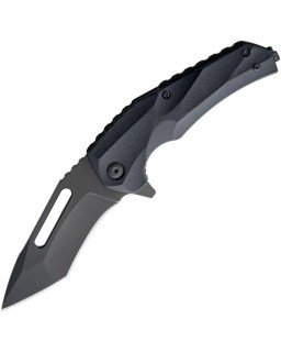 Brous Blades Reloader Linerlock D2 tool steel Blackout finish Tanto blade Black polymer handle Flipper