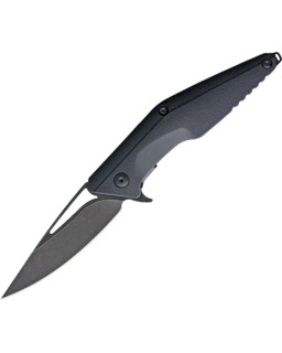 Brous Blades Division Linerlock D2 tool steel Acid Wash finish Spear Point blade Black polymer handle Flipper