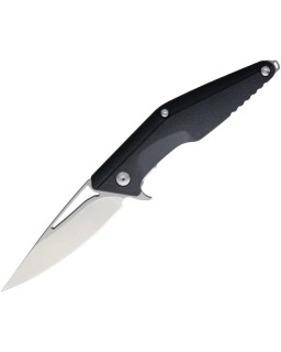 Brous Blades Division Linerlock D2 tool steel Stonewash finish Spear Point blade Black polymer handle Flipper