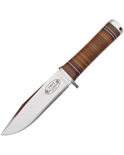Frey fixed blade knife VGWOLF stainless steel stacked leather handle brown leather sheath
