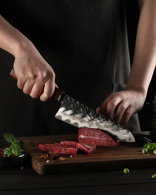 Japanese Style Santoku Knife 440C San Mai Hammered Forged Japanese Style Santoku Knife 440C San Mai Hammered Forged