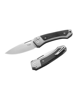 Twain MagnaCut steel Integral Titanium handle Black G10 button lock