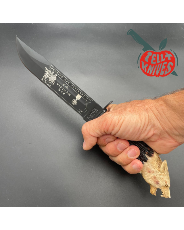 KABAR Fighting Knife - custom work - stag wolfhead