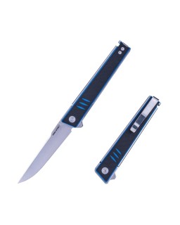 Kikashi 14C28N steel stonewash finish blue black G10 linerlock flipper