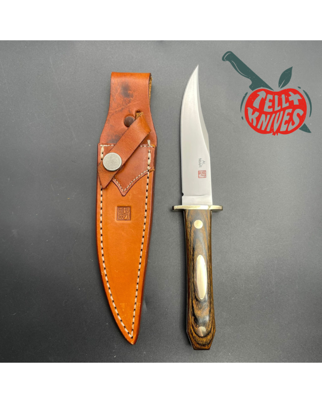 Vintage AMK Mini Bowie AUS-6A steel brass guard titanwood handle leather sheath SEKI Japan