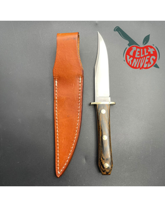 Vintage AMK Mini Bowie AUS-6A steel brass guard titanwood handle leather sheath SEKI Japan