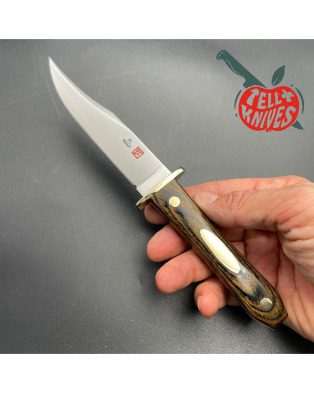 Vintage AMK Mini Bowie AUS-6A steel brass guard titanwood handle leather sheath SEKI Japan