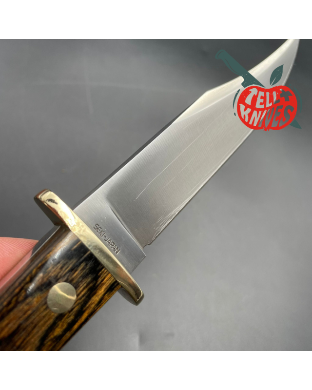 Vintage AMK Mini Bowie AUS-6A steel brass guard titanwood handle leather sheath SEKI Japan