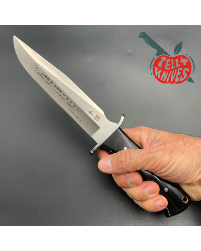 VINTAGE AMK 3009 Colonel Rowe USASF full tang AUS-6A steel black micarta handle black leather sheath VINTAGE AMK 3009 Colonel Rowe USASF full tang AUS-6A steel black micarta handle black leather sheath