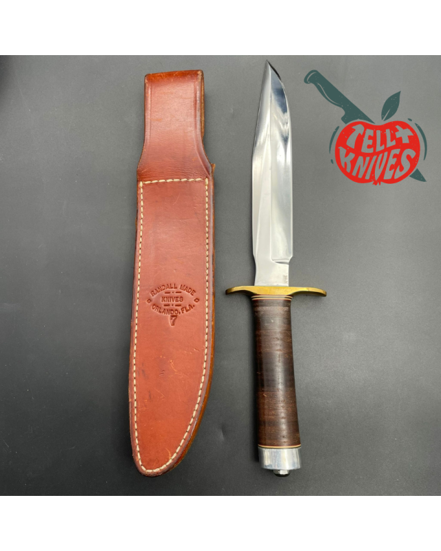 Vintage 80ies Model 1-7 forged carbon steel stacked leather brown leather sheath with stone