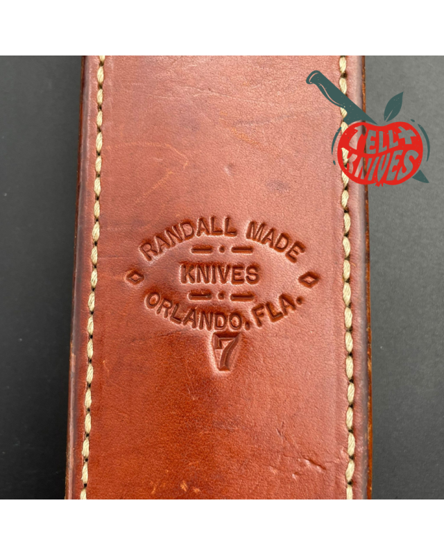 Vintage 80ies Model 1-7 forged carbon steel stacked leather brown leather sheath with stone