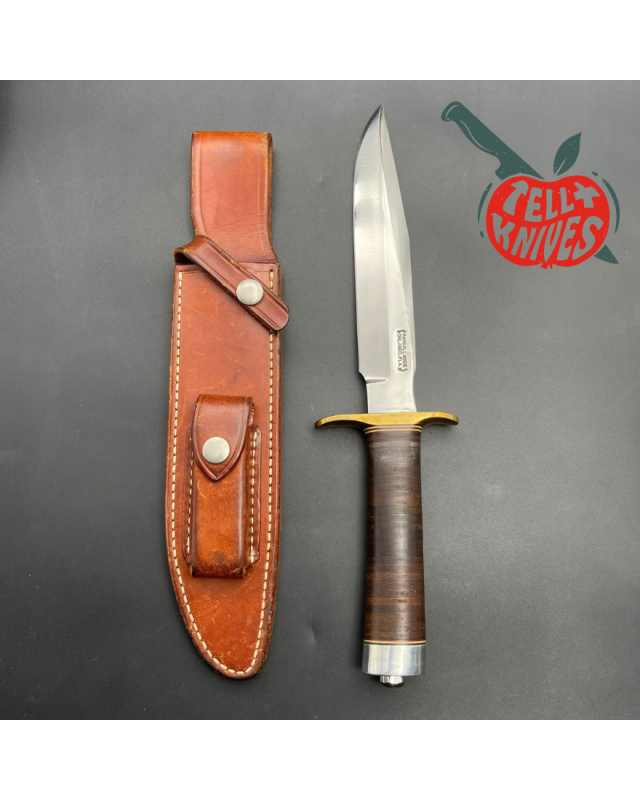 Vintage 80ies Model 1-7 forged carbon steel stacked leather brown leather sheath with stone