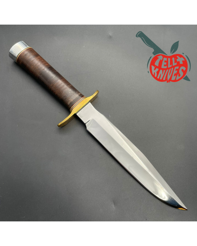 Vintage 80ies Model 1-7 forged carbon steel stacked leather brown leather sheath with stone