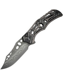 Biophase Flipper & Button Lock Knife Aluminum & CF Handle Damascus ste