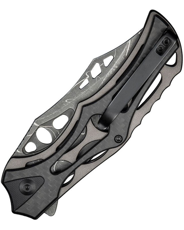 Biophase Flipper & Button Lock Knife Aluminum & CF Handle Damascus ste