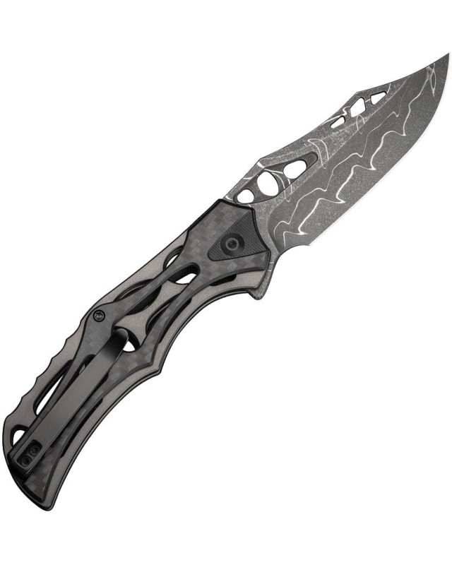 Biophase Flipper & Button Lock Knife Aluminum & CF Handle Damascus ste