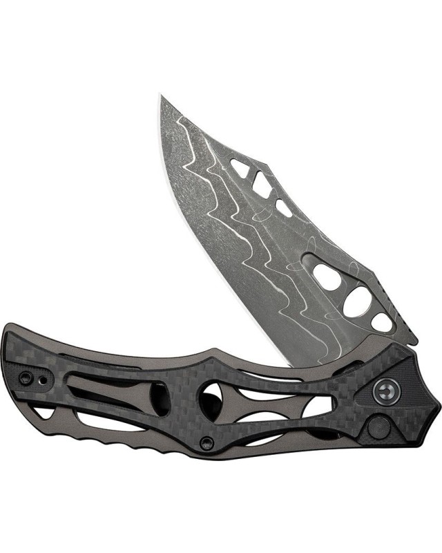 Biophase Flipper & Button Lock Knife Aluminum & CF Handle Damascus ste