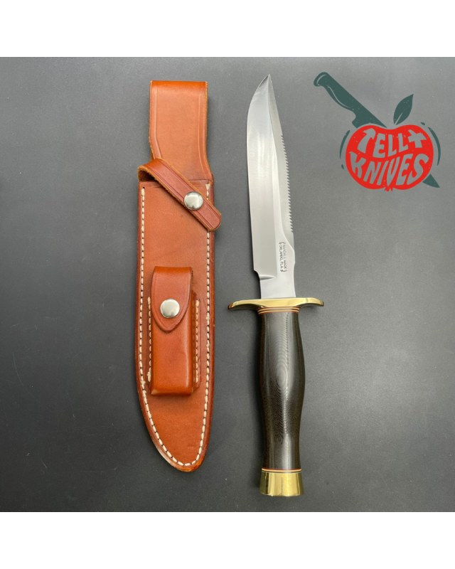 Vintage 90ies Model 1-7 forged carbon steel sawback green micarta handle brass guard and pommel brown leather sheath with stone