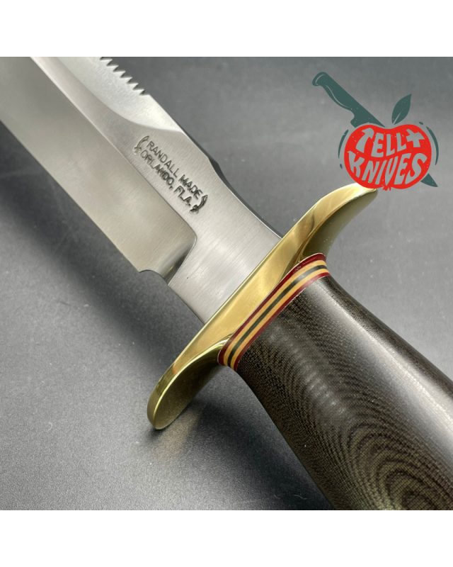 Vintage 90ies Model 1-7 forged carbon steel sawback green micarta handle brass guard and pommel brown leather sheath with stone