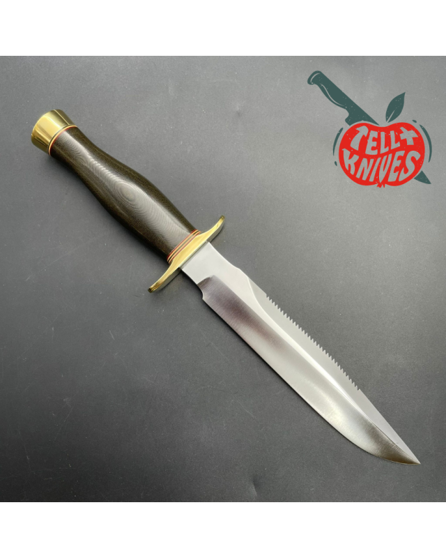 Vintage 90ies Model 1-7 forged carbon steel sawback green micarta handle brass guard and pommel brown leather sheath with stone