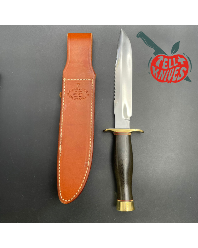Vintage 90ies Model 1-7 forged carbon steel sawback green micarta handle brass guard and pommel brown leather sheath with stone
