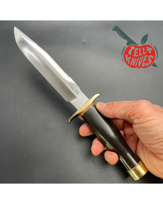 Vintage 90ies Model 1-7 forged carbon steel sawback green micarta handle brass guard and pommel brown leather sheath with stone