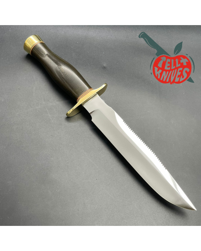 Vintage 90ies Model 1-7 forged carbon steel sawback green micarta handle brass guard and pommel brown leather sheath with stone