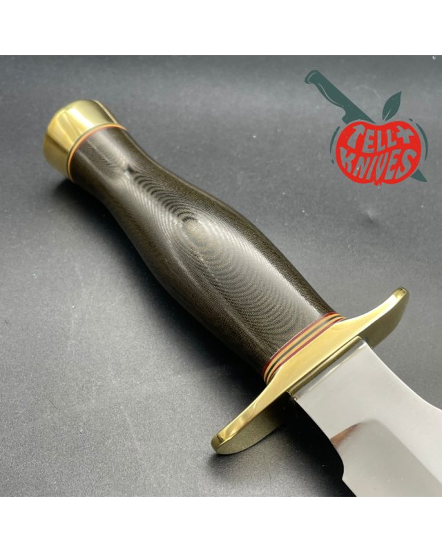 Vintage 90ies Model 1-7 forged carbon steel sawback green micarta handle brass guard and pommel brown leather sheath with stone