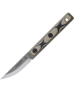 Wood Nymph Fixed Blade 1095HC steel tumble finish tan black G10 handle leather sheath