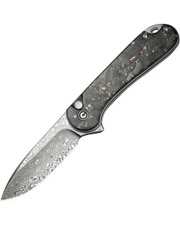 Elementum II Button Lock Damascus Steel shredded gold and carbon fiber handle