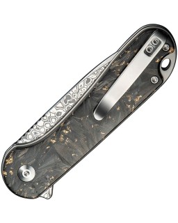 Elementum II Button Lock Damascus Steel shredded gold and carbon fiber handle
