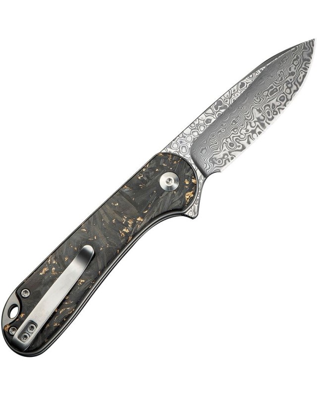 Elementum II Button Lock Damascus Steel shredded gold and carbon fiber handle Elementum II Button Lock Damascus Steel shredded gold and carbon fiber handle