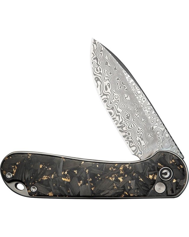 Elementum II Button Lock Damascus Steel shredded gold and carbon fiber handle Elementum II Button Lock Damascus Steel shredded gold and carbon fiber handle