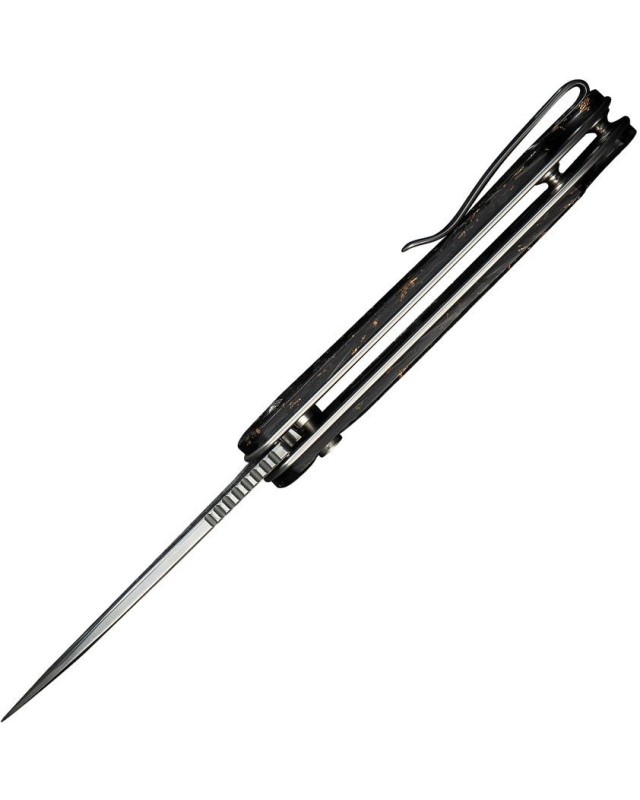 Elementum II Button Lock Damascus Steel shredded gold and carbon fiber handle Elementum II Button Lock Damascus Steel shredded gold and carbon fiber handle