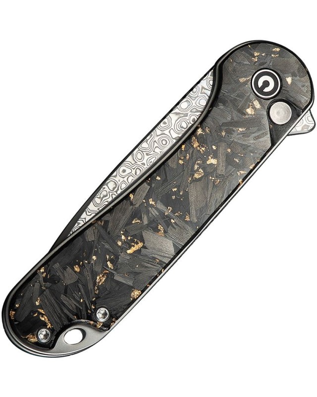 Elementum II Button Lock Damascus Steel shredded gold and carbon fiber handle Elementum II Button Lock Damascus Steel shredded gold and carbon fiber handle