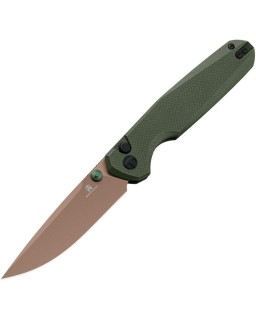 Bestechman Velix Button Lock 14C28N stainless steel Gold PVD coated Green G10 handle Ostap Hel Design