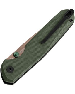 Bestechman Velix Button Lock 14C28N stainless steel Gold PVD coated Green G10 handle Ostap Hel Design