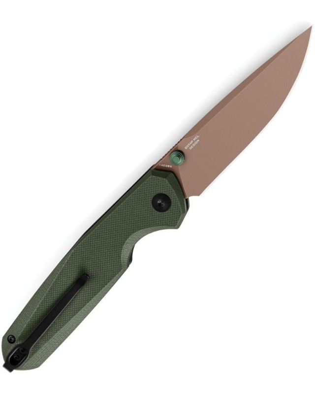 Bestechman Velix Button Lock 14C28N stainless steel Gold PVD coated Green G10 handle Ostap Hel Design Bestechman Velix Button Lock 14C28N stainless steel Gold PVD coated Green G10 handle Ostap Hel Design