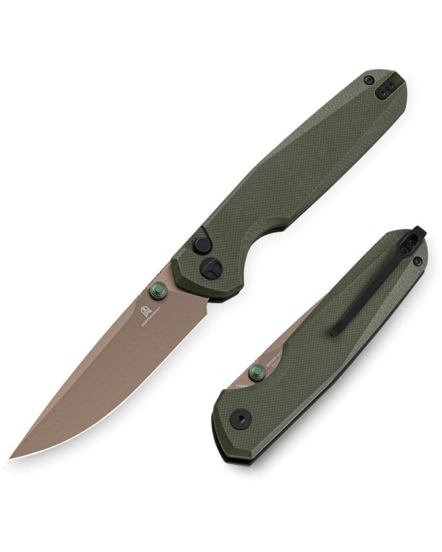 Bestechman Velix Button Lock 14C28N stainless steel Gold PVD coated Green G10 handle Ostap Hel Design Bestechman Velix Button Lock 14C28N stainless steel Gold PVD coated Green G10 handle Ostap Hel Design