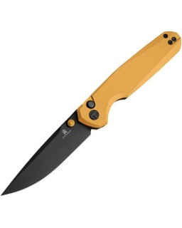 Bestechman Velix Button Lock 14C28N stainless steel Black PVD coated Yellow G10 handle Ostap Hel Design